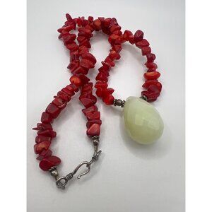 Artisan Made 18" Necklace Red Coral Chips & Faceted Quartz Silver Hook Accents